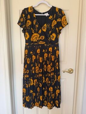 J. Crew Factory Black Midi Dress with Mustard Floral Print